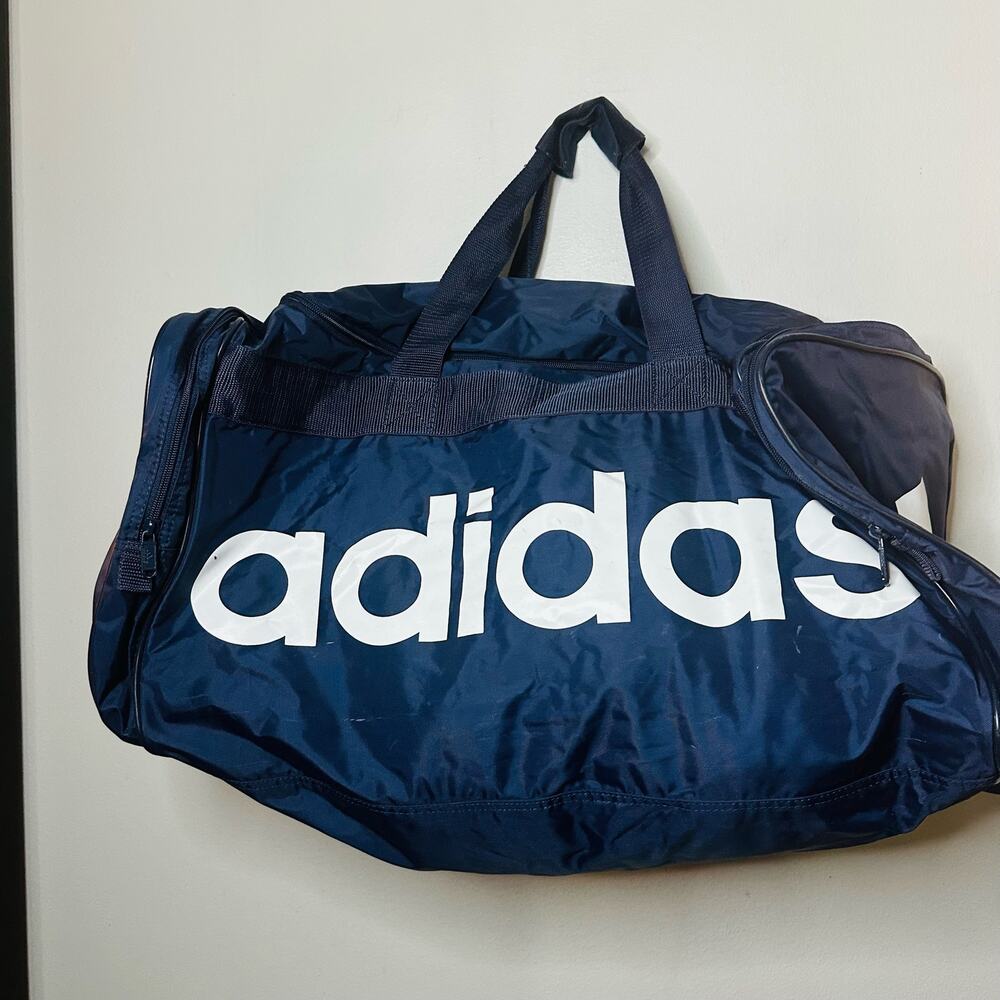 Adidas Blue Retro Spellout White Logo Zip Up Gym Duffle Bag Travel Bag